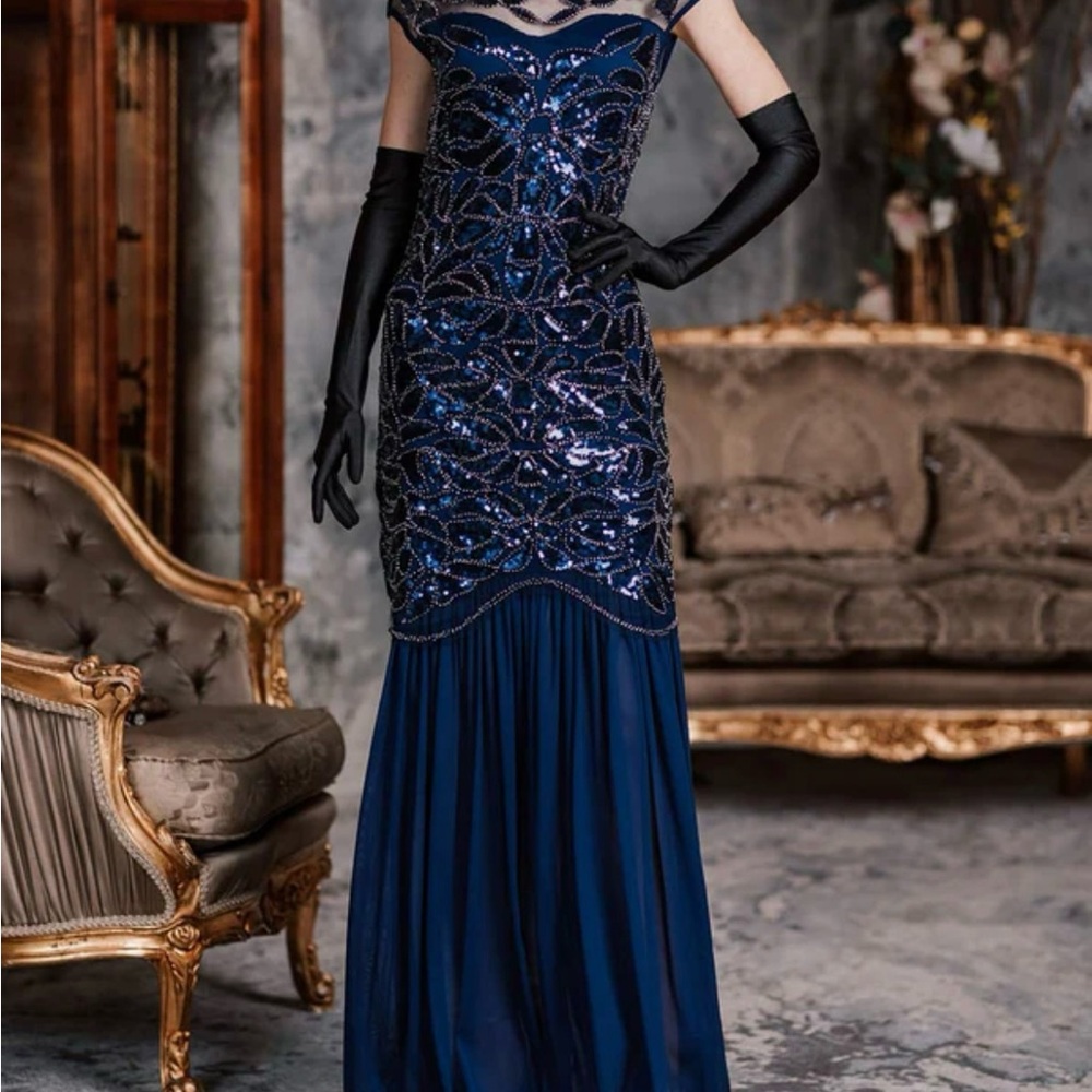 Midnight Blue Sequin and Beaded Flapper Dress